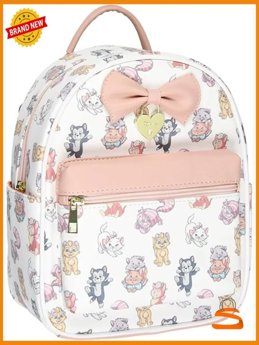 Mini Backpack Tote Bag - Faux Leather with Cartoon Cats Print